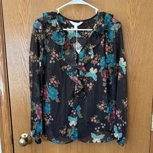LC Lauren Conrad Floral Ruffle Butterfly Blouse - Brown and Teal NWT
